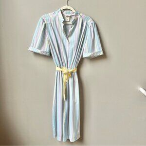 Vintage Pastel Rainbow Striped Dress Women's Size M Preppy Summer Pink Twee Cute